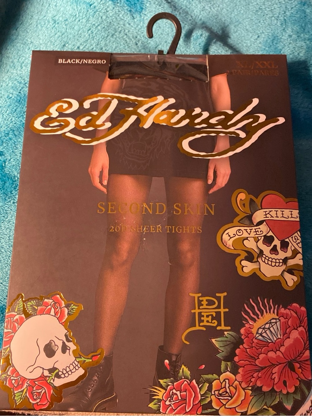 V! Ed Hardy XL/XXL Black Second Skin 20D Sheer Tights new